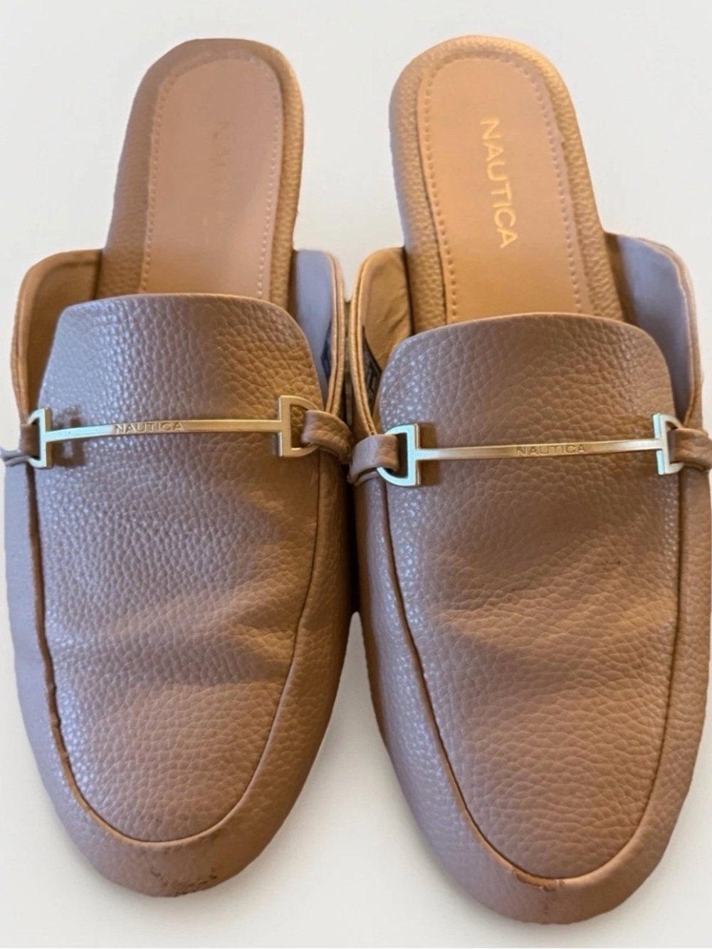 Nautica Labella pebbled mules, taupe color, Light gold-tone buckle, Sz 9!